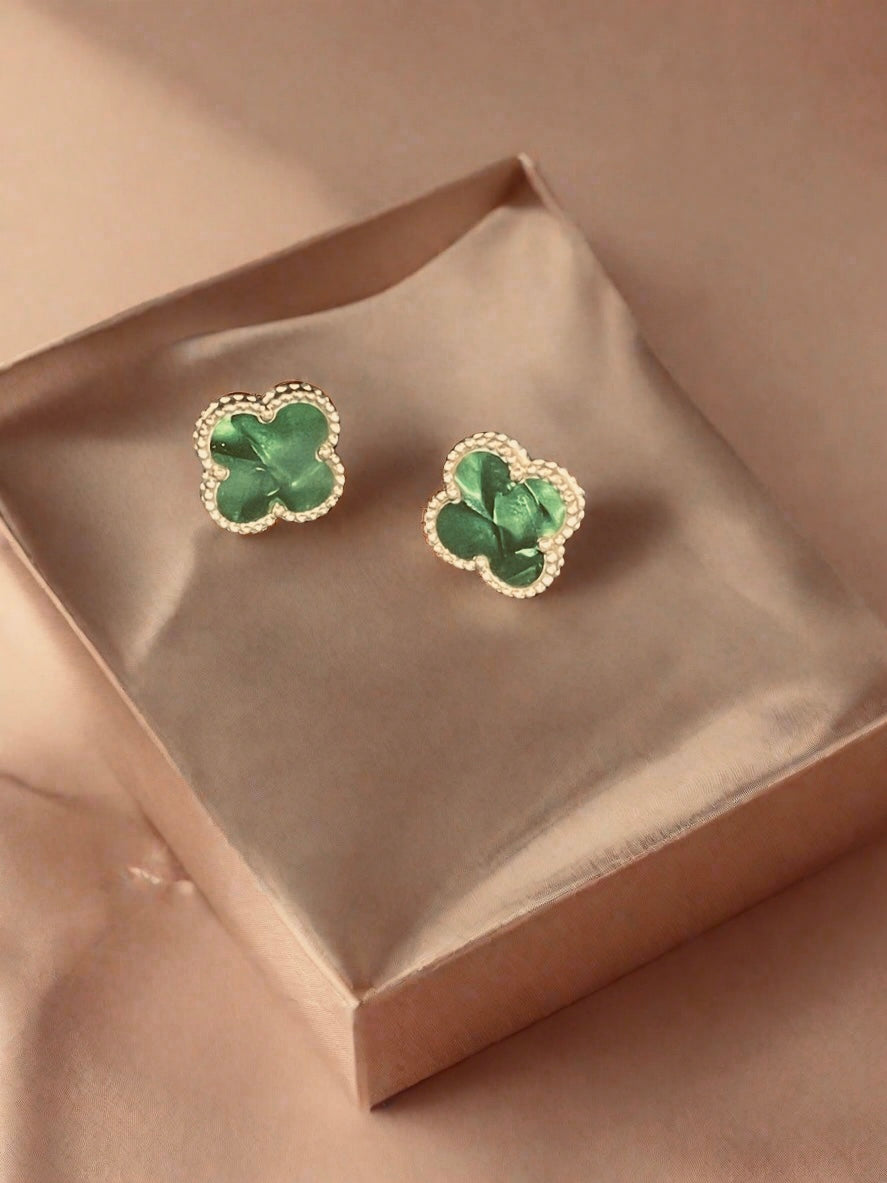 18k Gold Emerald Green Marble Clover