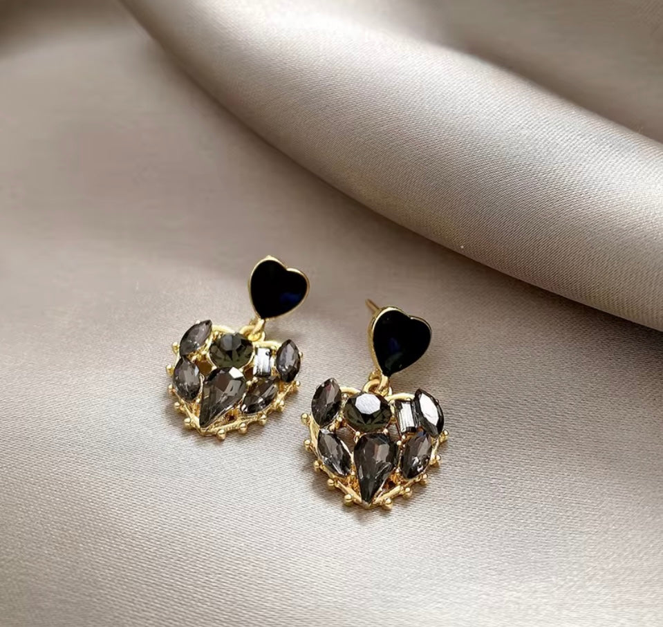 18k Gold Plated Stainless Steel Crystal Heart Dangle Earrings