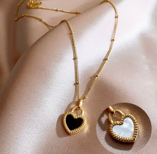 Delicate Double Sided Black and White Heart Pendant on an 18 Inch Necklace